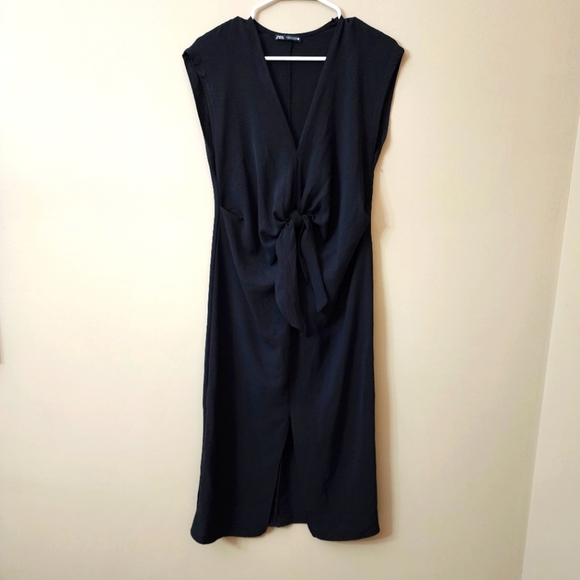Zara size S black dress midi with front knot-tie detail and slit in front - Picture 1 of 6